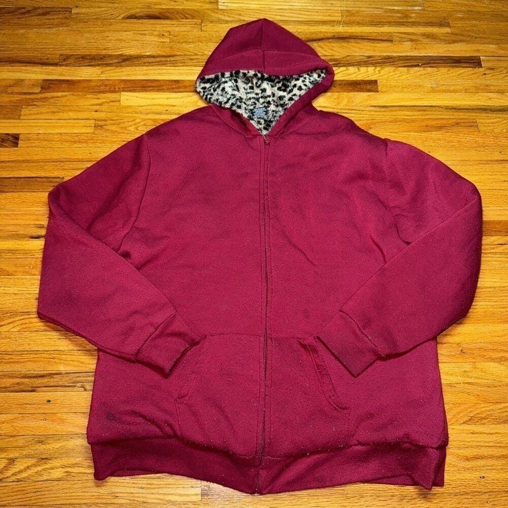 Hype Burgundy Cheetah Print Faux Fur Full Zip Hoodie Women's Size XXX-Large